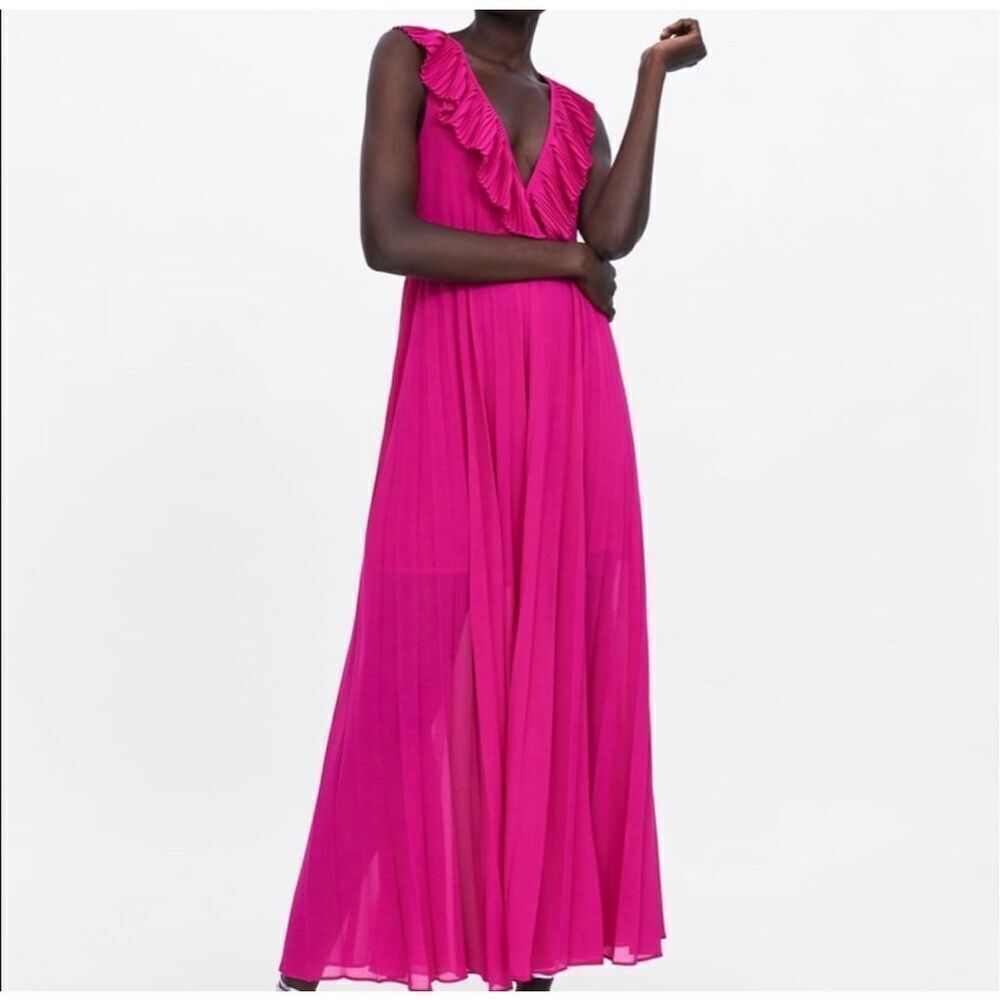 Zara Fushia Pink Plunge V Neck Tie Back Sleeveless Pleated Maxi Dress Medium